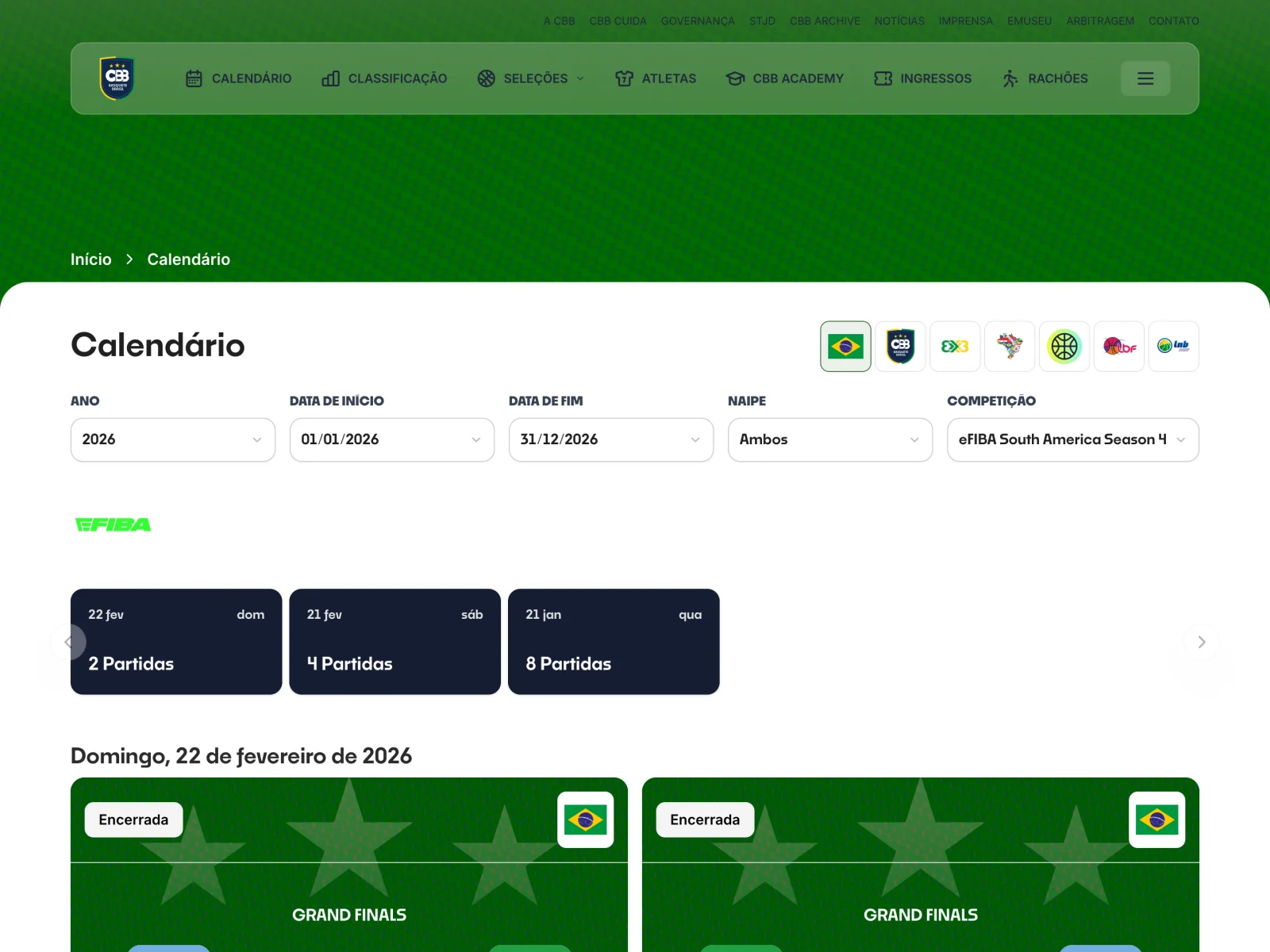 Calendário da CBB com filtros de competição e partidas