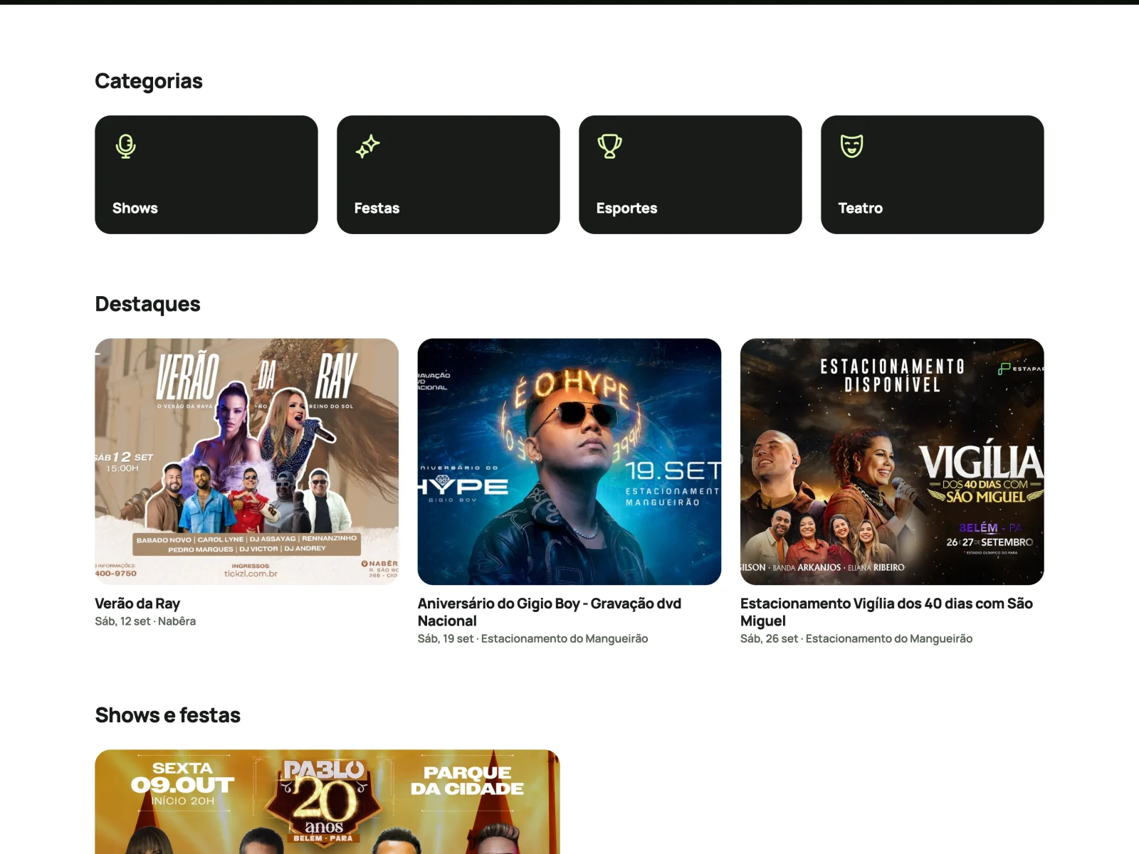 Categorias e programação de eventos na Tickzi