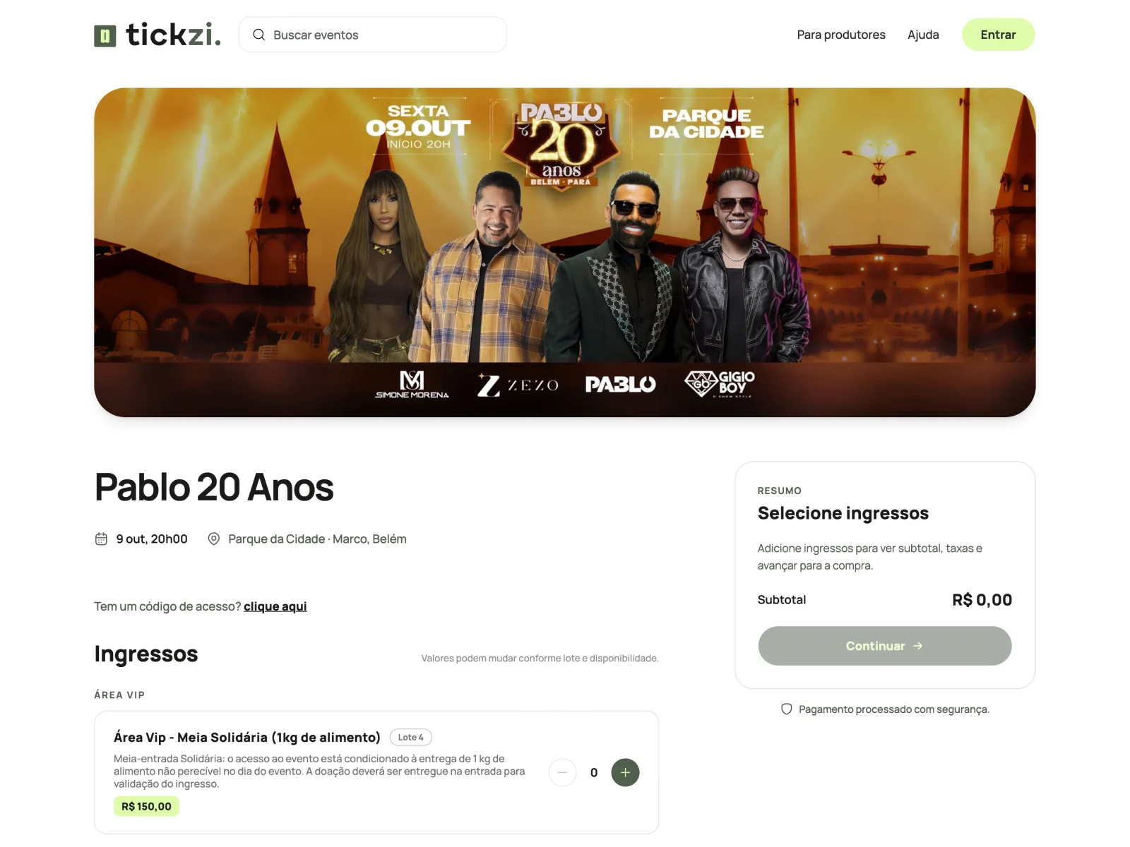 Página de evento e seleção de ingressos na Tickzi